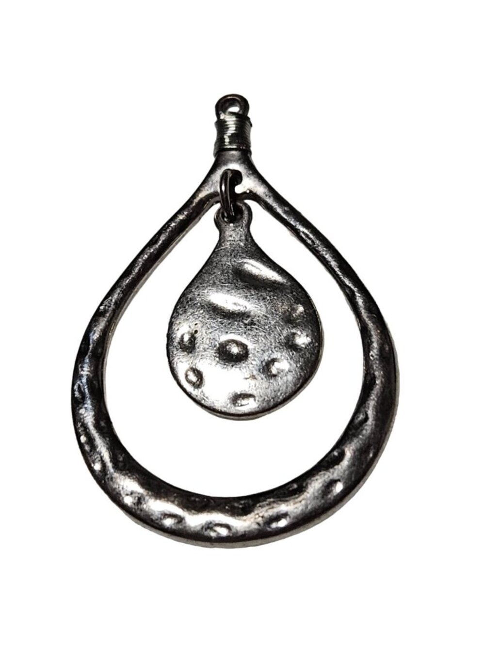 Vintage Teardrop Pendant Hammered Texture Silver Tone  Jewelry Making Necklace